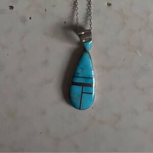 Genuine Vintage Sterling Silver and Turquoise inlaid Pendant Necklace